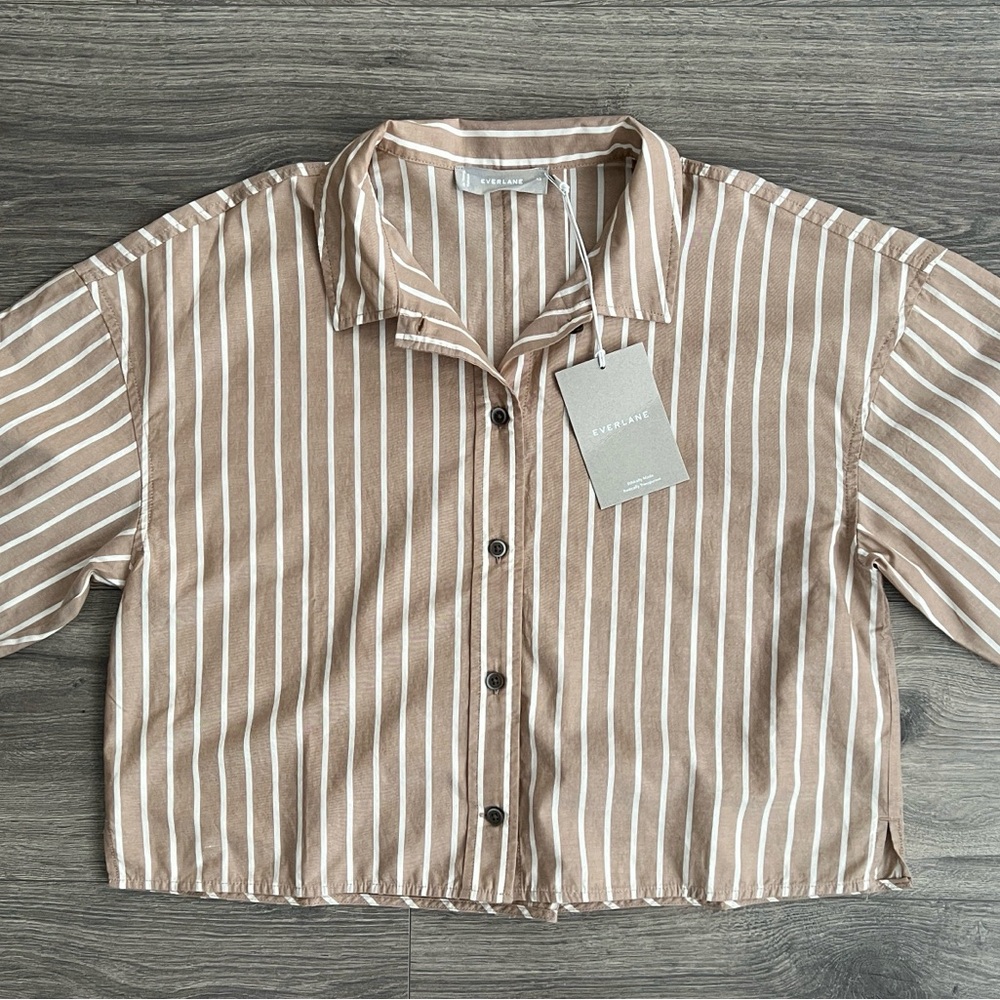 EVERLANE The Woven PJ Top XS Oversized Boxy Brown Stripe Loungewear Preppy NWT - Picture 3 of 9